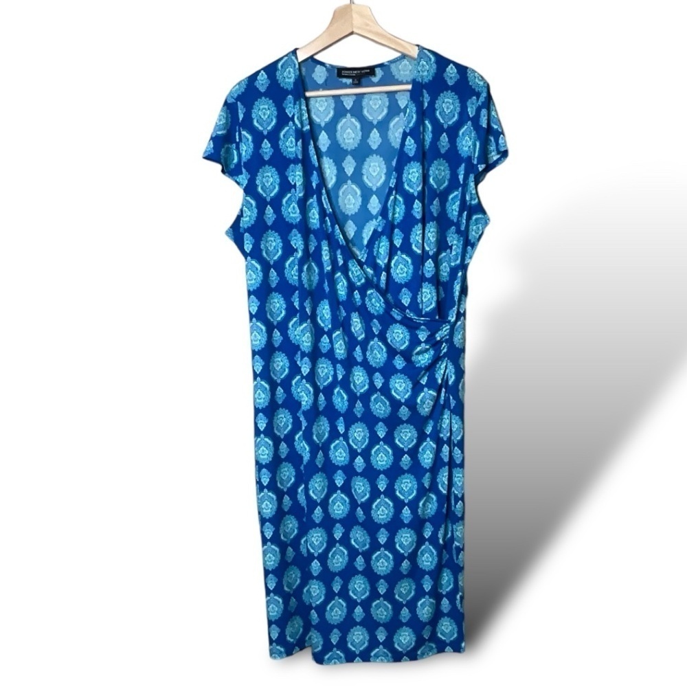 Jones New York Blue Printed Wrap-Style Midi Dress